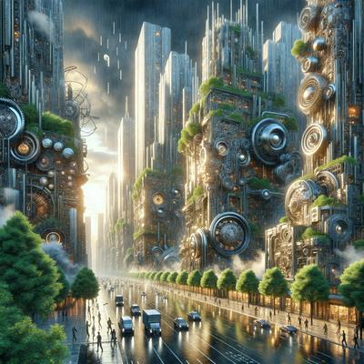 The primary subject of the image is a futuristic cityscape with tall buildings and a busy street filled with cars and people. The setting is a rainy day, as evidenced by the rain-soaked street and the people walking in the rain. The visual style is a digital art or illustration, creating a surreal and imaginative atmosphere. The dominant colors are dark and moody, with the rain adding a sense of drama to the scene.